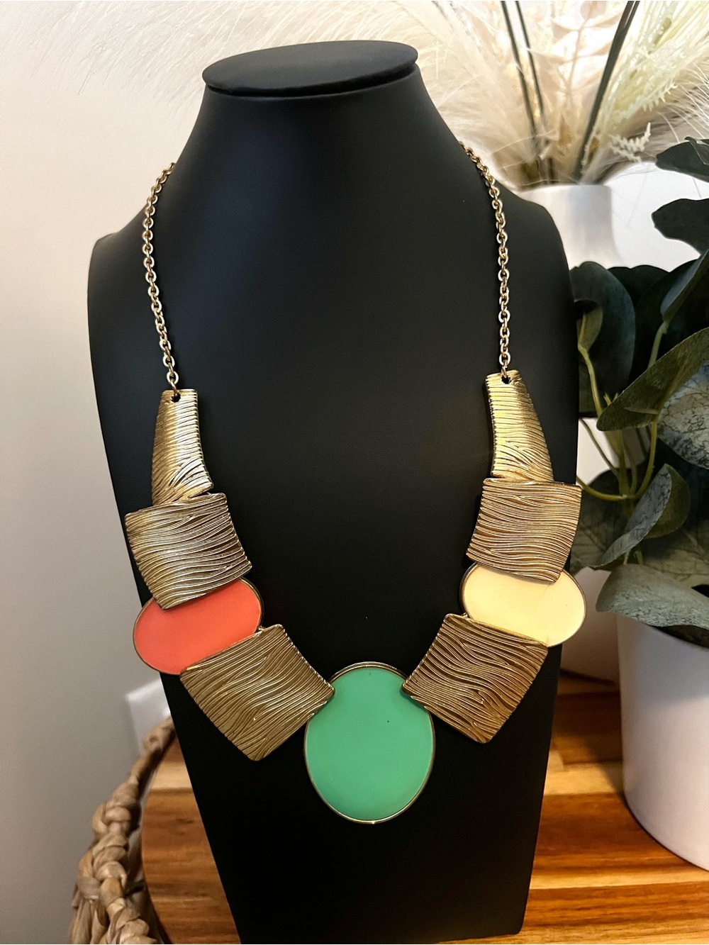 Gold Statement Necklace with Green, Coral and Cream Accents